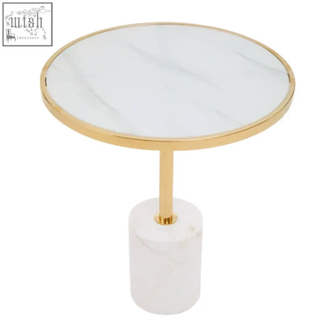 Oria white marble end table with sleek round white marble top and gold stainless steel cylindrical base