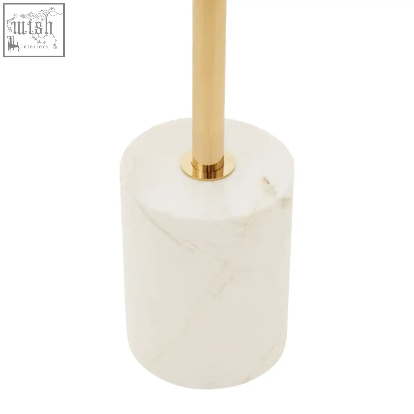 White marble toilet brush holder with sleek gold toned stainless steel handle for modern bathroom decor