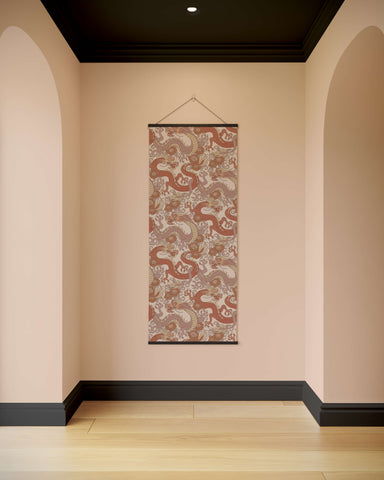 A vertical oriental dragon tapestry with red and beige dragons on textured fabric framed by black borders