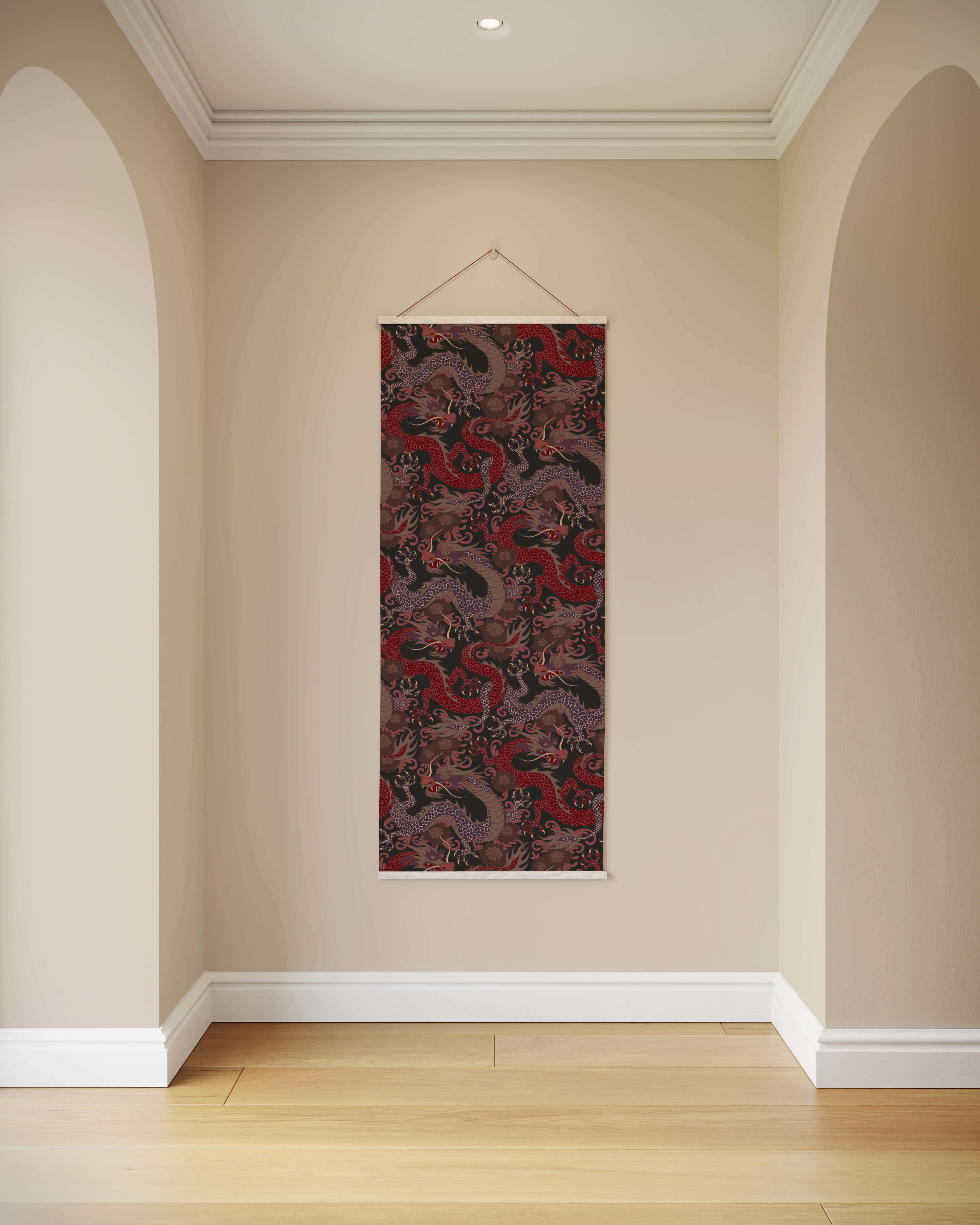A vertically hanging oriental dragon tapestry with intricate red and black dragon motifs on a dark background