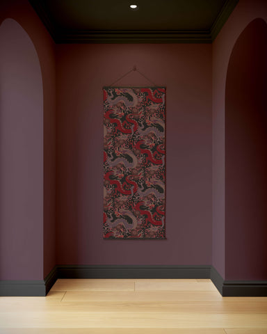 A dark textured oriental dragon tapestry with intricate red and white dragon motifs hanging vertically