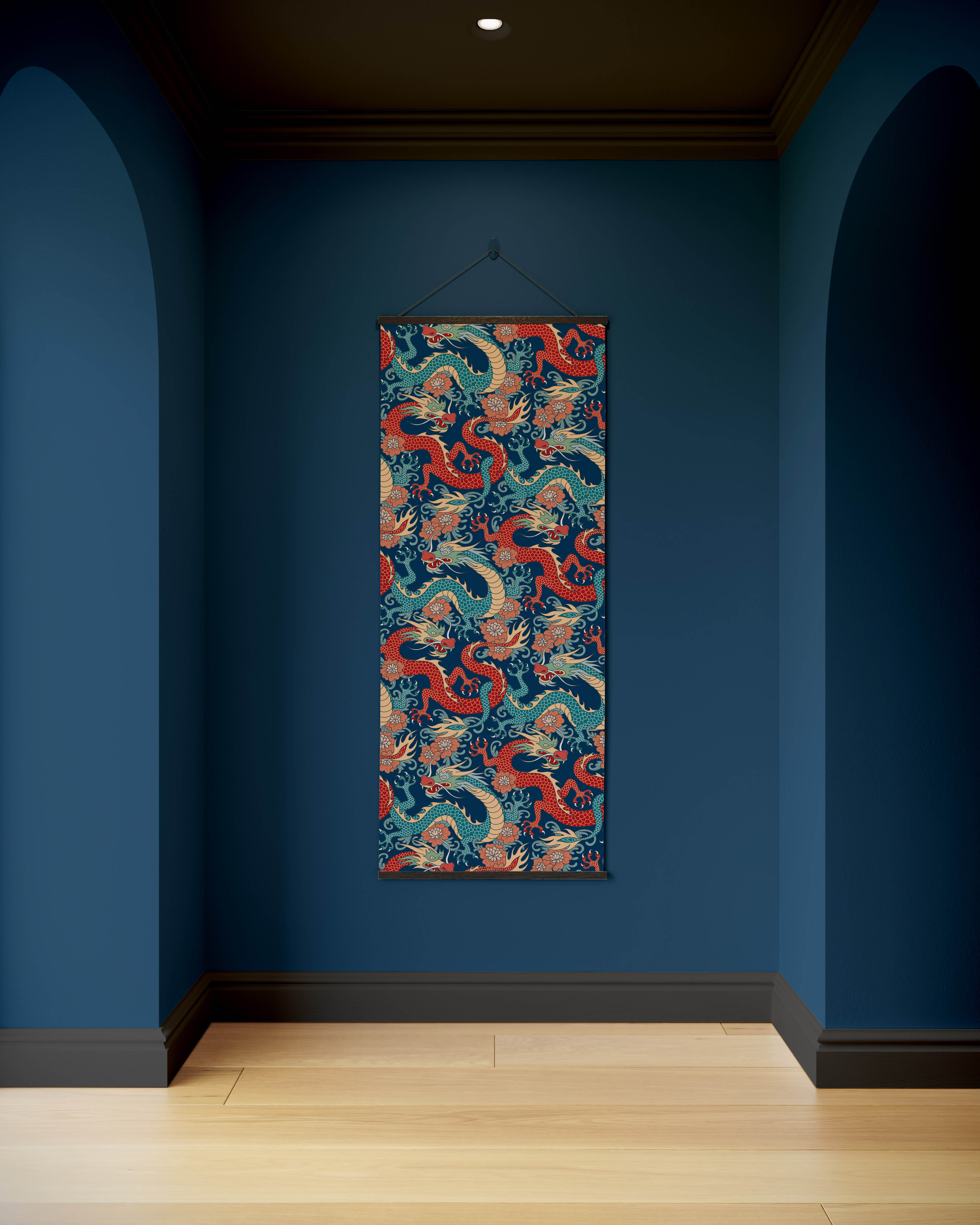 A vibrant oriental dragon tapestry with intricate red and teal dragons on a deep navy background hanging vertically