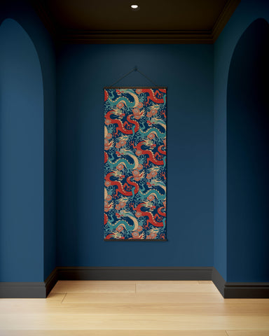 A vibrant oriental dragon tapestry with intricate red and teal dragons on a deep navy background hanging vertically