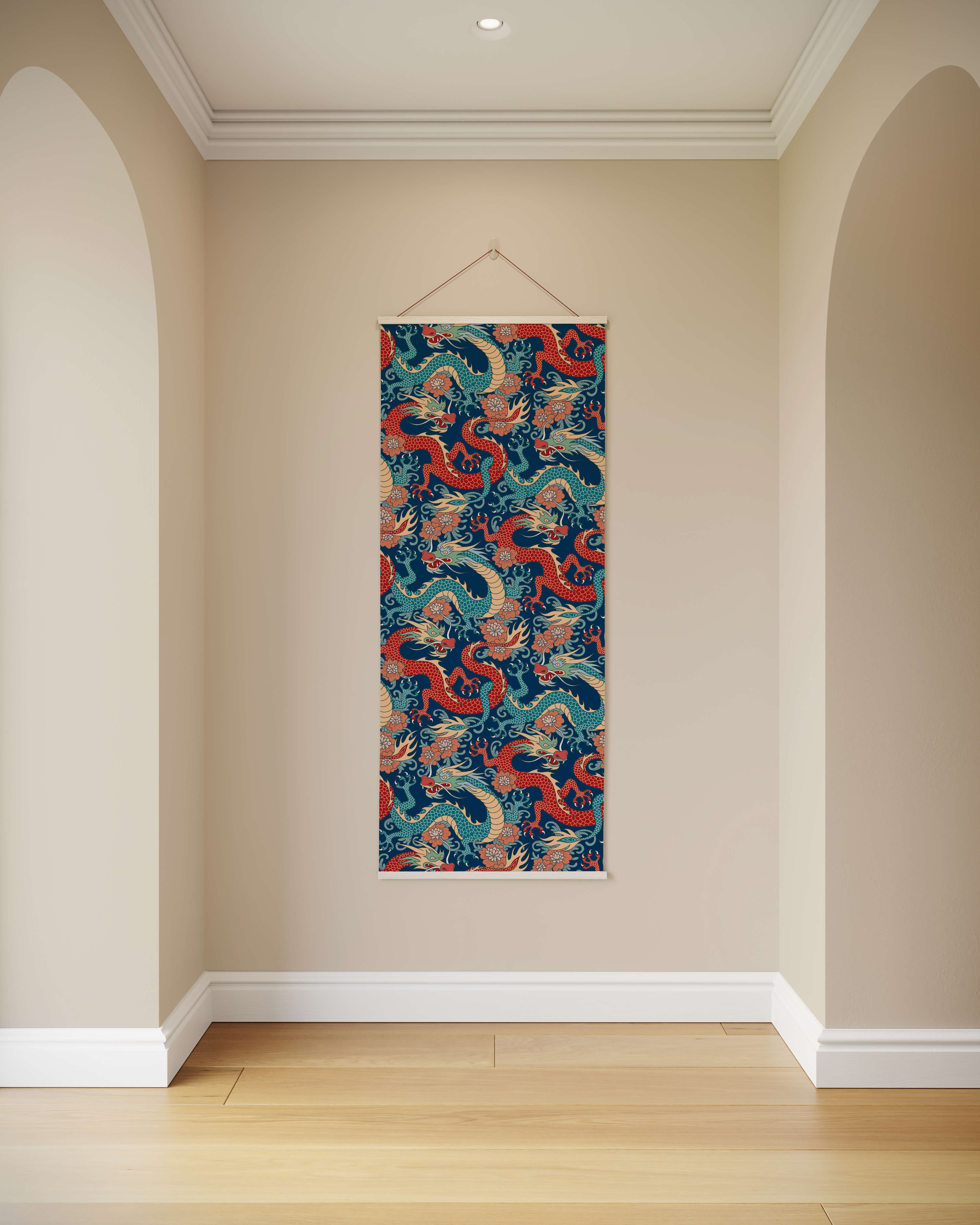 A vibrant oriental dragon tapestry with intricate red and teal dragons on deep blue background hanging vertically