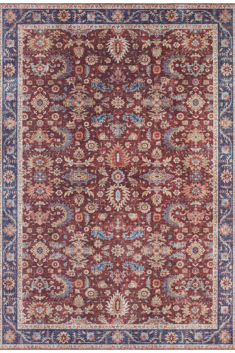A rich burgundy and navy blue oriental vivana rug with intricate floral and vintage medallion geometric patterns