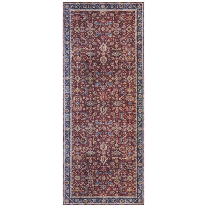 A vintage-style oriental vivana rug runner with rich burgundy field and faded floral and geometric vintage medallion patterns