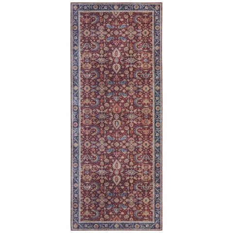 A vintage-style oriental vivana rug runner with rich burgundy field and faded floral and geometric vintage medallion patterns