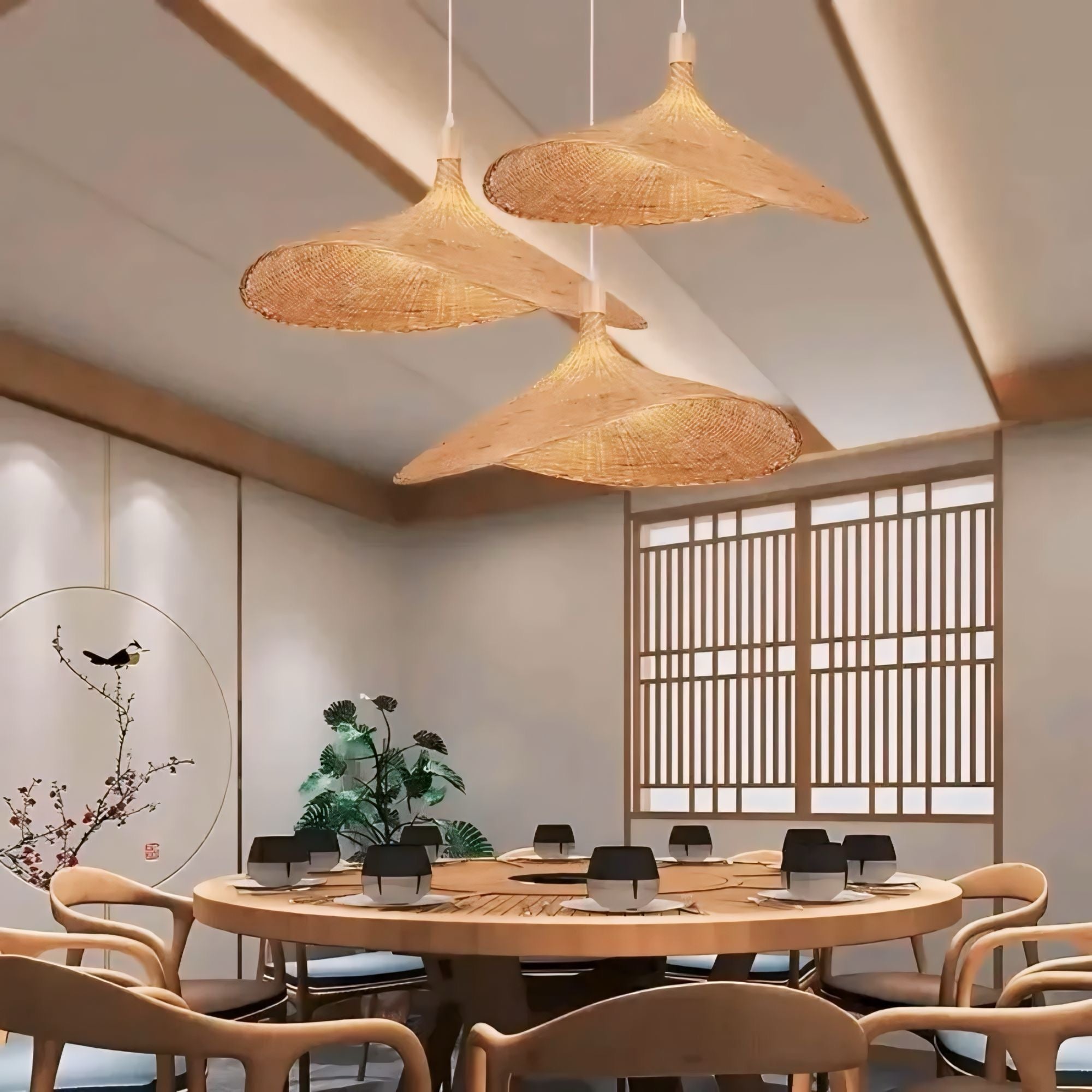 Three woven light-brown bamboo pendant lights hang in a modern japanese-style dining room called origan light