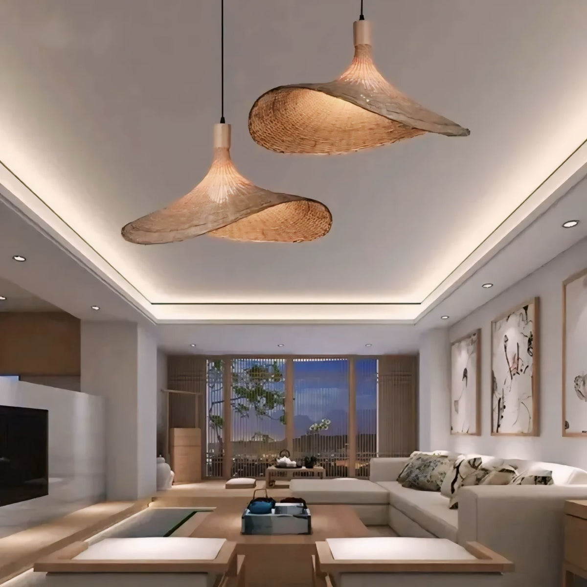 Two elegant light-brown woven pendant lights with a natural organic design from origan light hanging from the ceiling