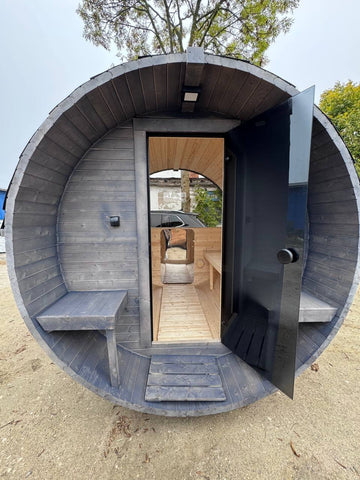 Steam & Oak Gas Barrel Sauna 2.4m with Porch (Electric or Wood-Fired)