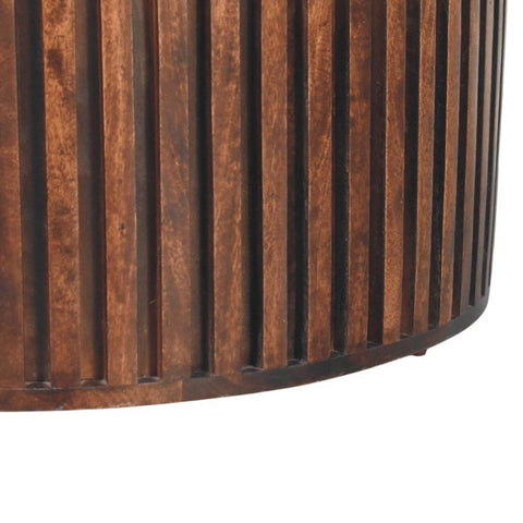 Brown wooden orion slatted coffee table with vertical grooves and curved base perfect as a slatted coffee table