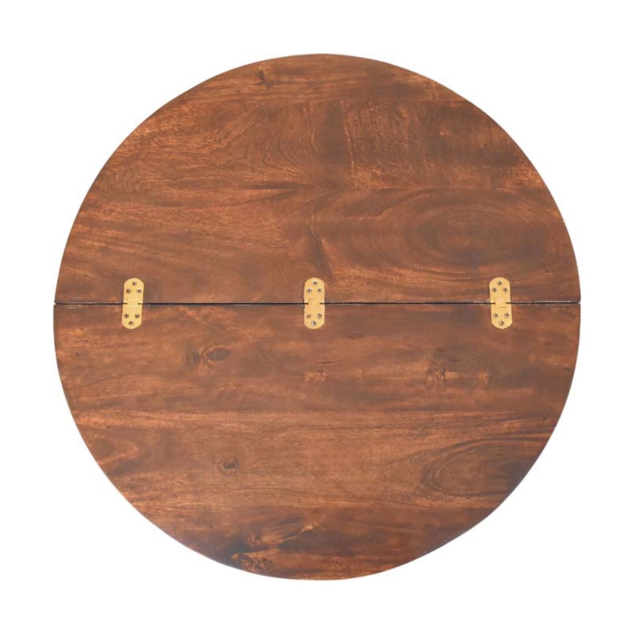 Circular wooden orion slatted coffee table with dark brown finish and three brass hinges along center seam