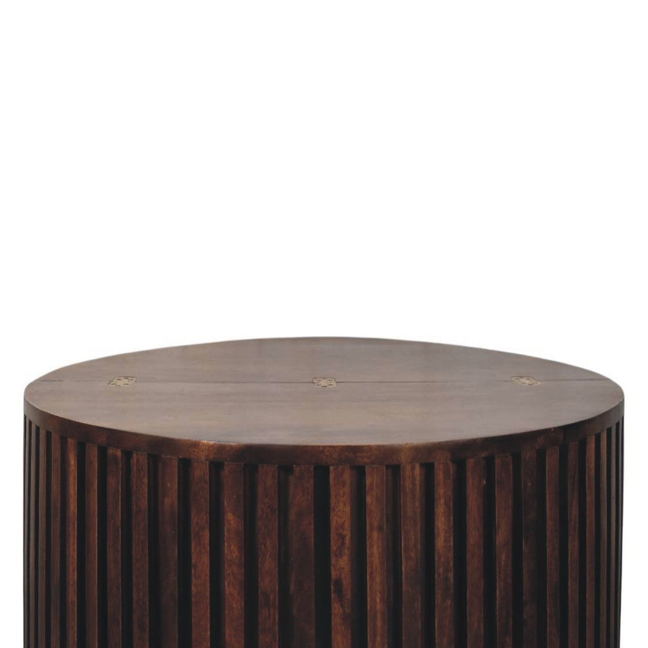 Dark brown wooden orion slatted coffee table with vertical slats and smooth rounded top perfect as a side table