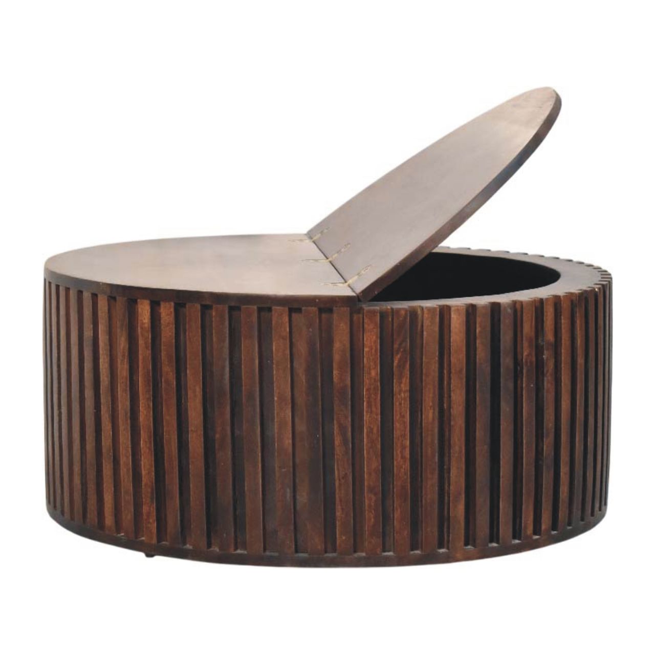 Dark brown wooden orion slatted coffee table with round shape vertical slatted design and hinged lid storage feature