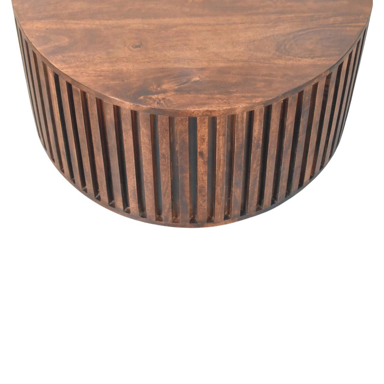 Orion slatted coffee table is a round wooden coffee table with a dark brown finish and vertical slats on the sides