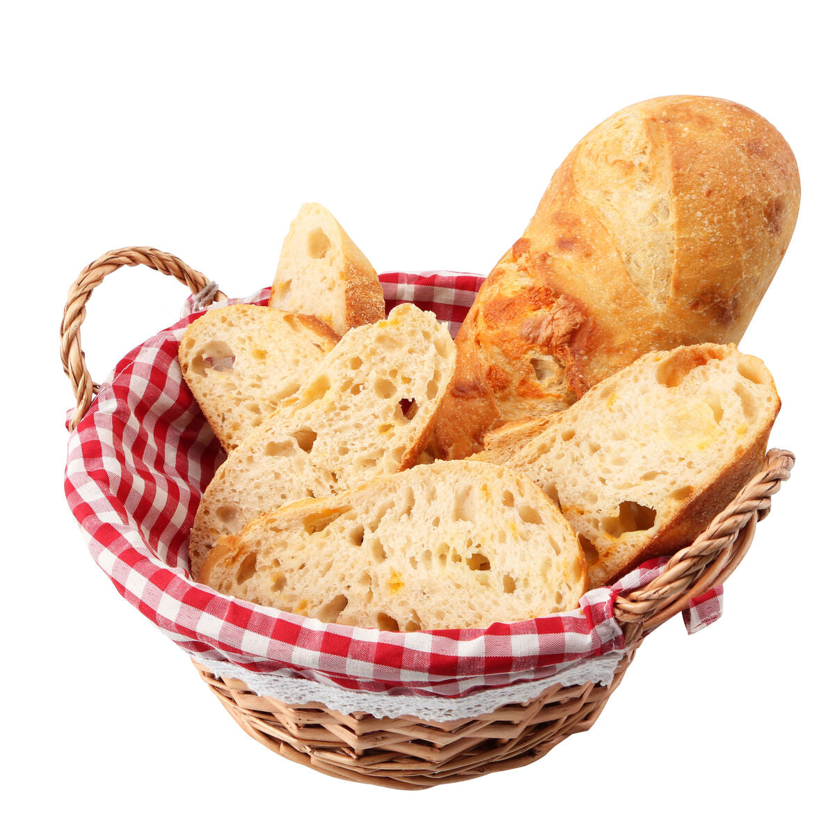 A rustic round willow bread basket with red gingham lining holding freshly sliced artisan bread
