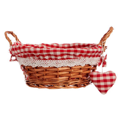 Orla red gingham lining round willow bread basket with red gingham lining lace trim two handles and heart accent