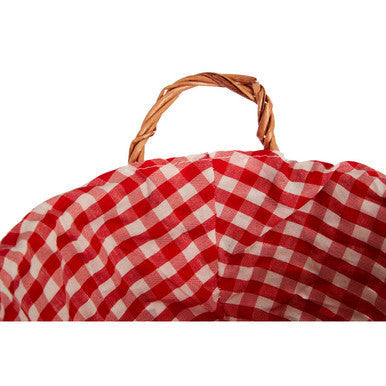 Orla red gingham lining round willow bread basket with red and white checkered pattern and woven handle