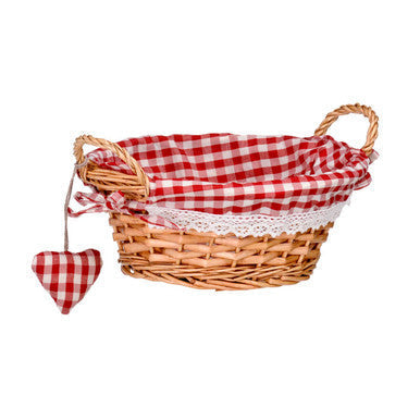 Woven willow bread basket with red gingham lining and lace trim perfect for serving fresh bread