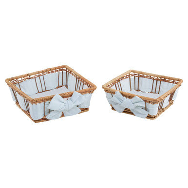 Two natural fern baskets in wicker with light blue fabric lining and matching bows in the orla set of two