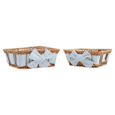 Light blue satin bow adorns natural woven fern baskets with lining in the orla set of two