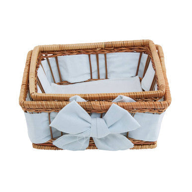 Woven wicker fern baskets with light blue fabric bow and matching lining in natural fern baskets set of two