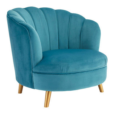 Orlina blue velvet scalloped curved chair with teal velvet scalloped back and light wood legs