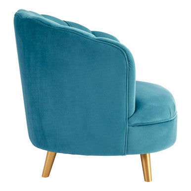 Teal velvet armchair with tufted back and tapered wood legs in a velvet scalloped curved design