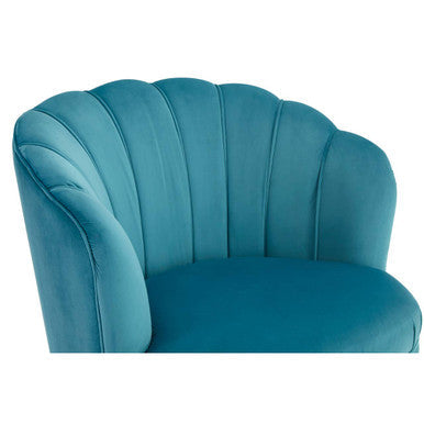 Teal velvet scalloped curved armchair with gold wood legs perfect for stylish living spaces