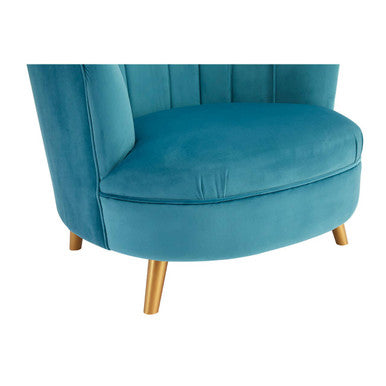 Teal velvet scalloped curved armchair with wood legs perfect for stylish living spaces