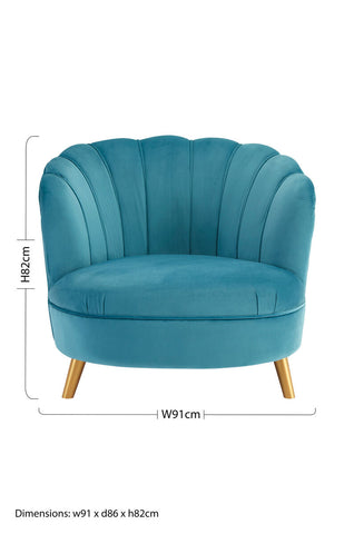 Orlina blue velvet scalloped curved armchair with teal velvet scalloped shell design and gold wood legs