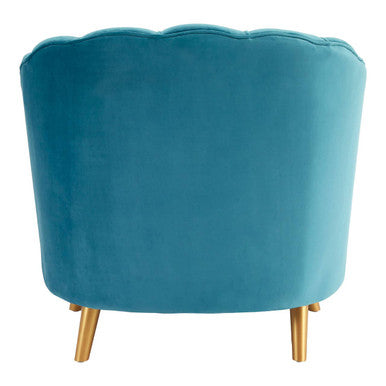 Orlina blue velvet scalloped curved chair with teal velvet scalloped back and tapered gold wood legs