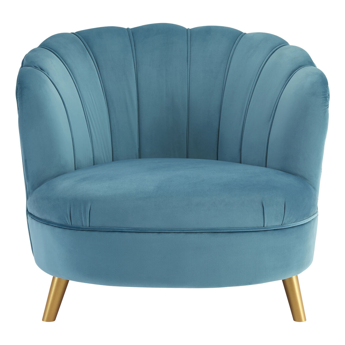 Orlina blue velvet scalloped curved chair with gold wood legs and a teal velvet armchair with scalloped back