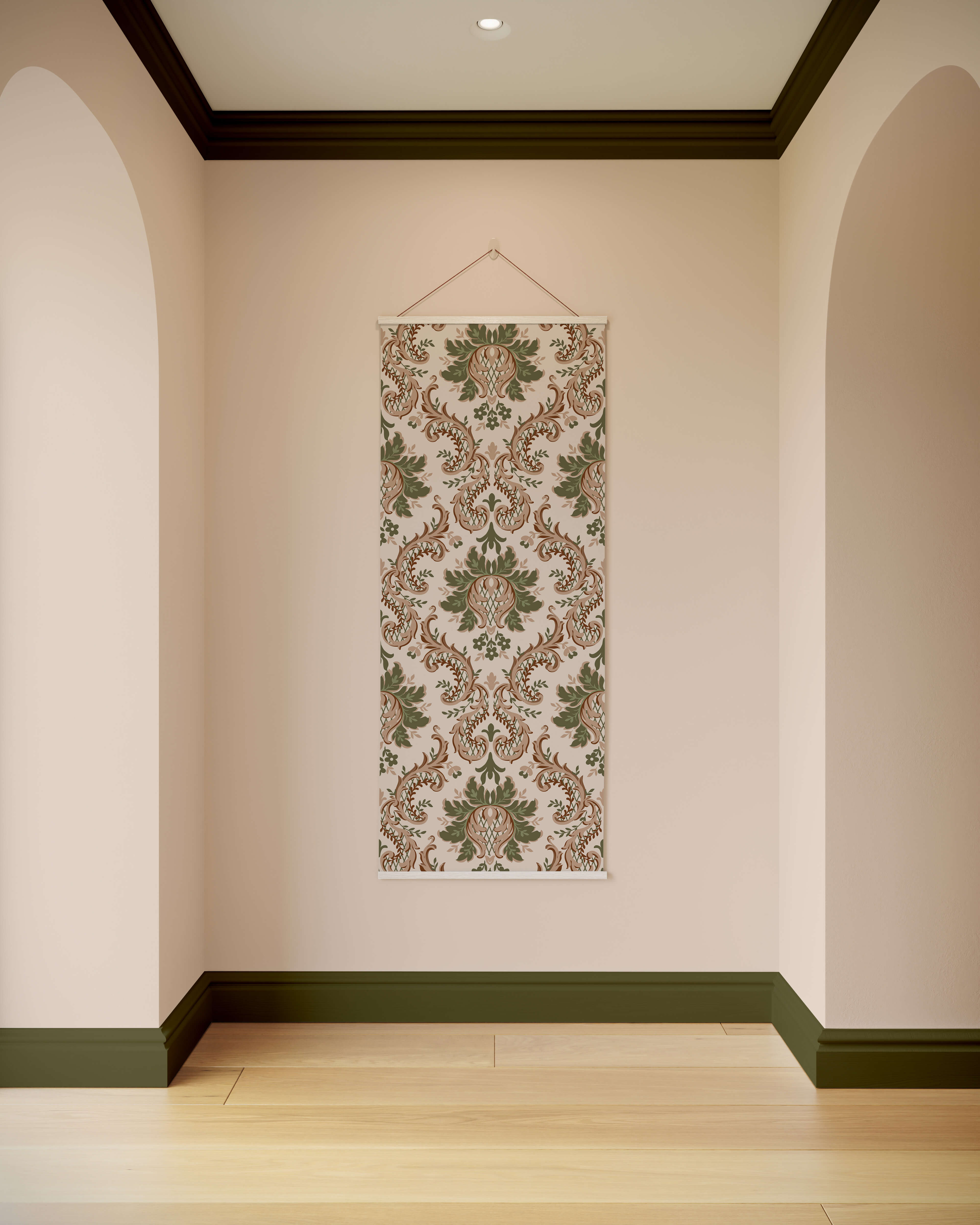 Beige and green ornate damask tapestry with woven texture hanging by thin string for wall decor