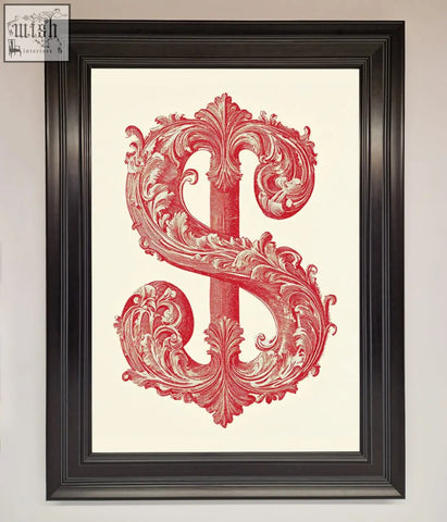 A framed print of ornate dollar cash art featuring a red baroque dollar sign on a cream background