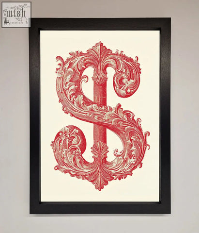 Framed print of ornate dollar cash art featuring a red dollar sign with baroque flourishes on cream background