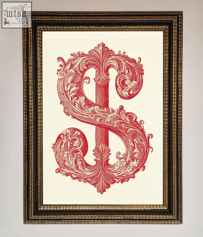 A framed print of ornate dollar cash art with a red baroque dollar sign on a cream background