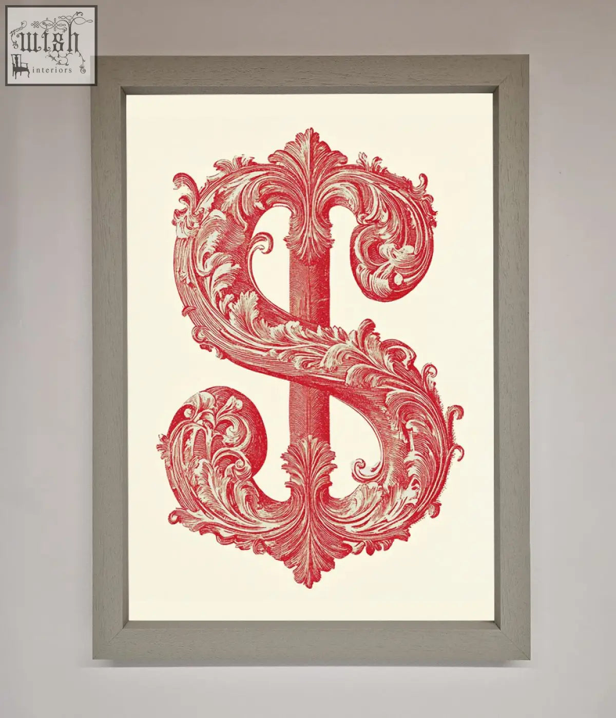 A framed print of ornate dollar cash art featuring a red baroque dollar sign on a cream background