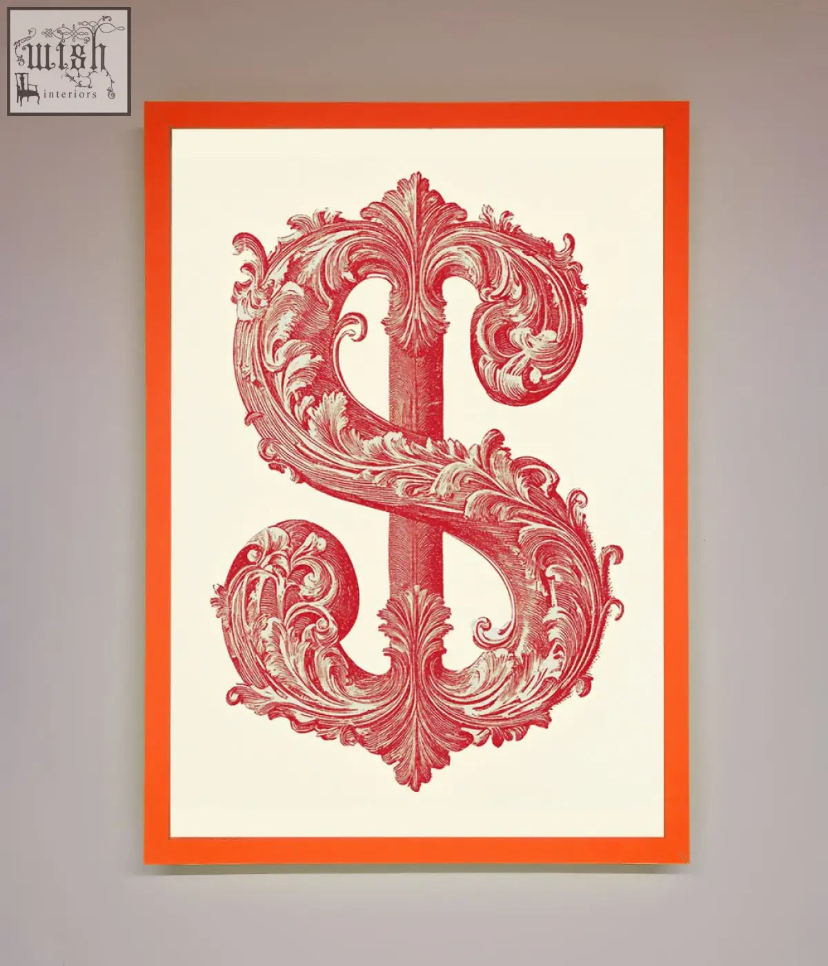 A framed print of ornate dollar cash art with a red dollar sign on cream-colored paper