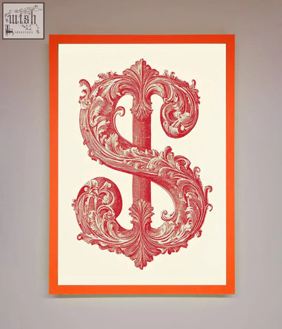 A framed print of ornate dollar cash art with a red dollar sign on cream-colored paper
