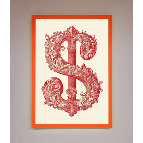 Ornate Dollar Cash Art Framed Print - A3 (29.7 x 42 cm) / Neon Orange - Framed Print