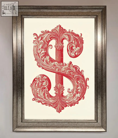 A framed print of ornate dollar cash art featuring a red dollar sign with baroque flourishes on a cream background