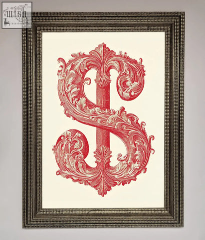 A framed print of ornate dollar cash art featuring a red baroque dollar sign on a cream background