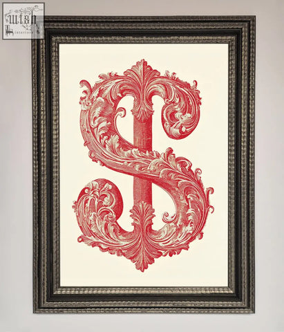 A framed print of ornate dollar cash art featuring a red baroque-style dollar sign on a cream background