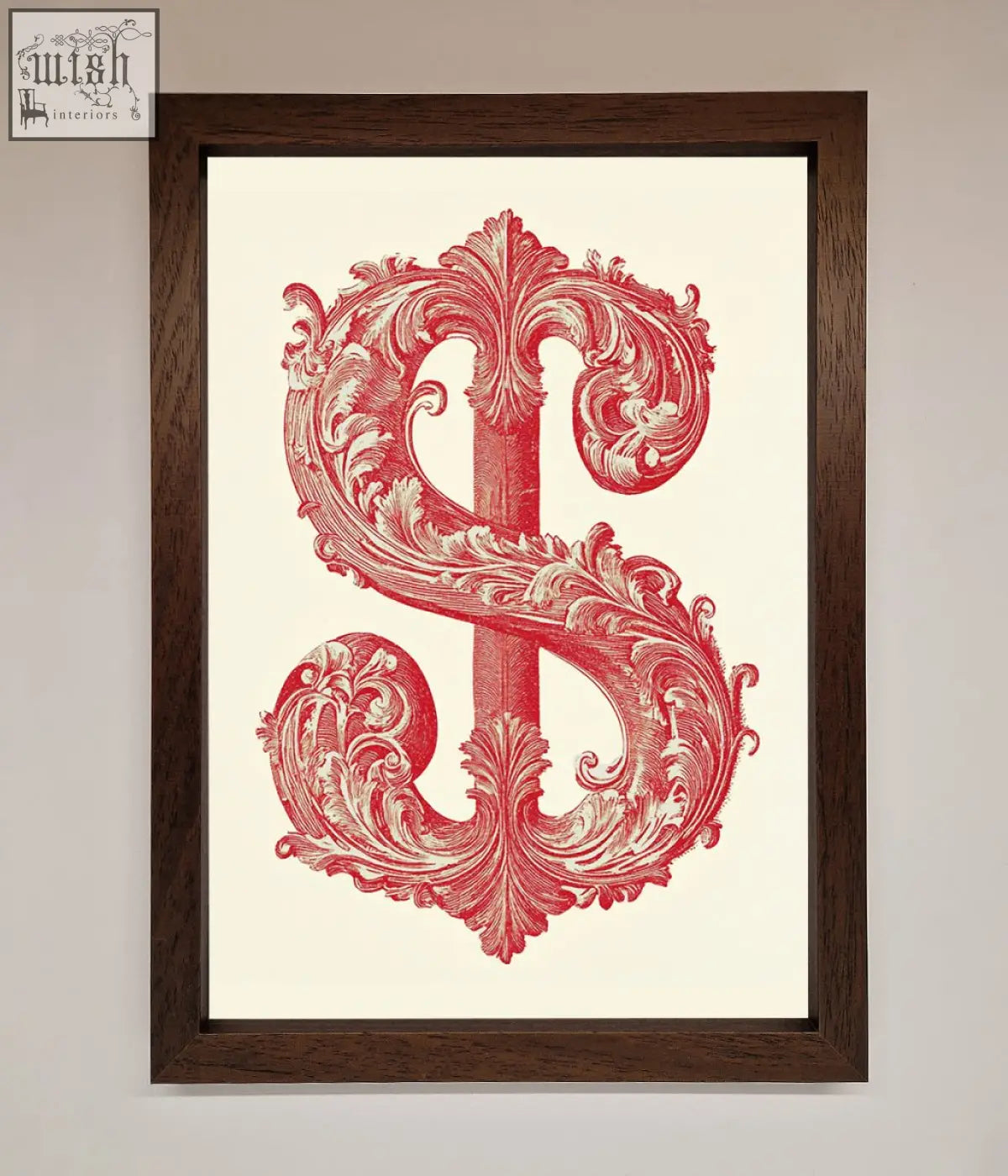 A framed print featuring an ornate red dollar cash art design with baroque flourishes on a cream background