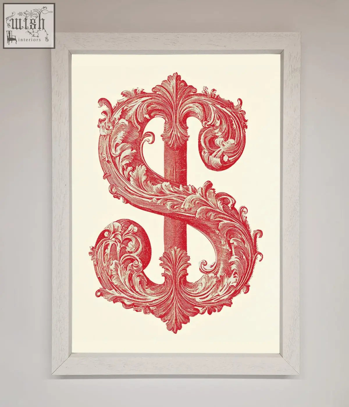 A framed print featuring an ornate red dollar cash symbol with baroque flourishes on a cream background for dollar cash art