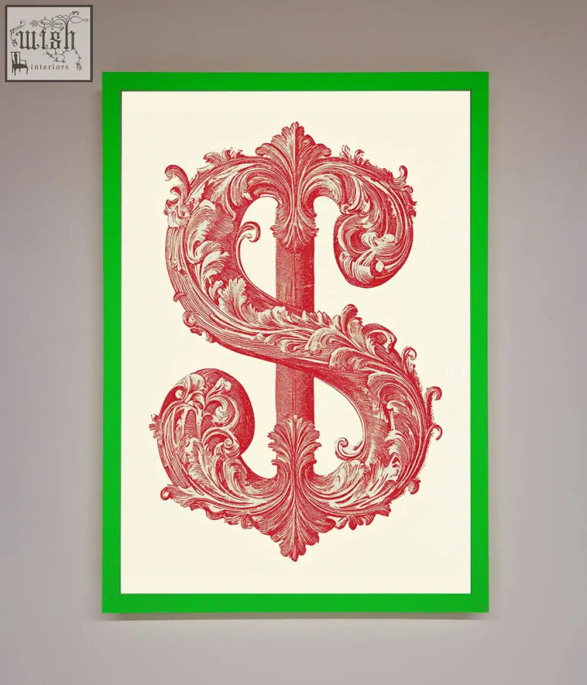 A framed print featuring an ornate red dollar cash sign on cream-colored paper perfect for dollar cash art decor
