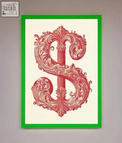 A framed print featuring an ornate red dollar cash sign on cream-colored paper perfect for dollar cash art decor
