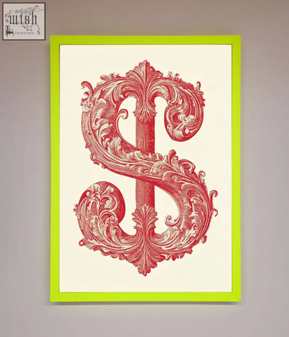 A vibrant lime green framed print featuring an ornate red vintage dollar cash art on a cream background