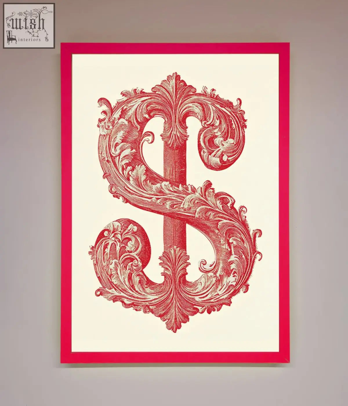 A vibrant red-framed print featuring ornate dollar cash art in deep crimson on a cream-colored background